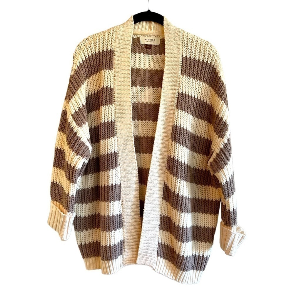 SONOMA, OVERSIZED CABLE KNIT, CARDIGAN SWEATER. WIDE, HORIZONTAL STRIPE. SIZE M